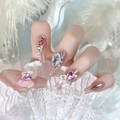 24pcs New Year Heavy Metal Press on Nails Chinese Bride Wedding Fake Nails Full Cover Wearable Shiny Large Crystal False Nails