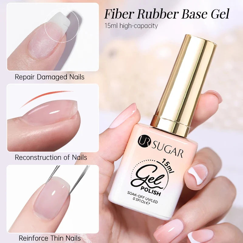UR SUGAR 15ml Fiber Rubber Base Gel Upgrade Broken Nail Repaired Fiberglass Clear Quick Building UV Construction Gel Soak Off