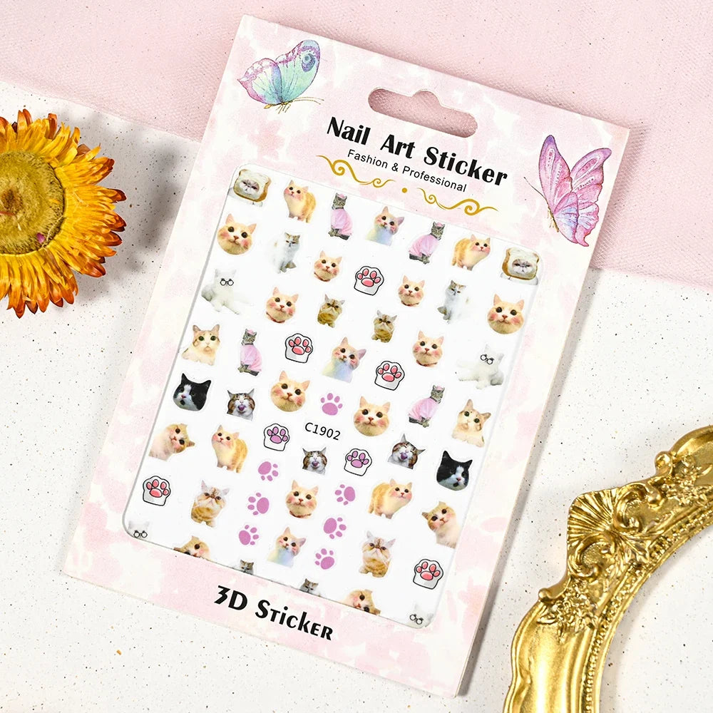 Lovely Cat Nail Decals 3D Animal Cartoon Dog Scrawl Relief Self Adhesive Nail Art Stickers Cute Puppy Kitty Y2K Nails Decoration