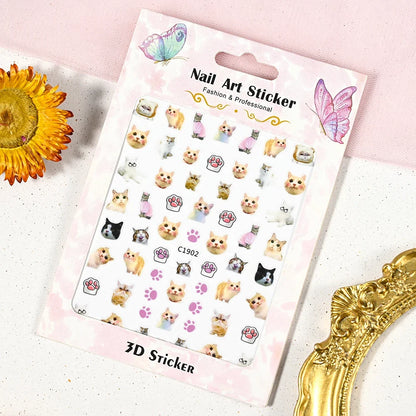 Lovely Cat Nail Decals 3D Animal Cartoon Dog Scrawl Relief Self Adhesive Nail Art Stickers Cute Puppy Kitty Y2K Nails Decoration