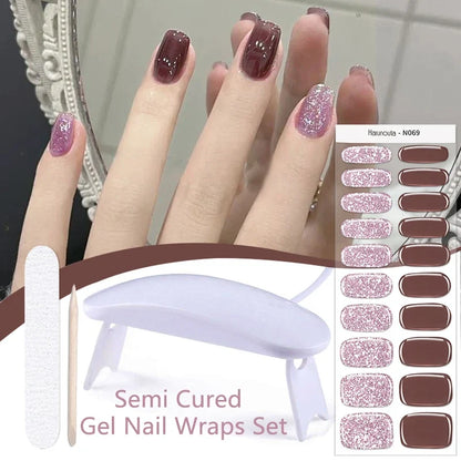 Harunouta 4pcs/set Gradient Jelly Semi Cured Gel Nail Strips with Nail Lamp Nude Pink Waterproof Nail Stickers Long Lasting Wrap