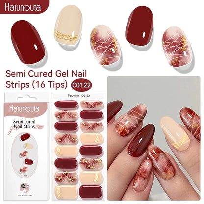 Harunouta 16strips Gradient Red Marble Gold Line Semi Cured Gel Nail Strips DIY Gel Polish Stickers for Nails Work with UV/LED