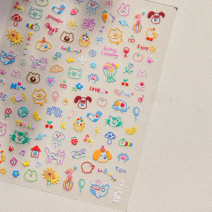 Lovely Animal Graffiti Cat Claw Rabbit Bunny Bear Dog Flower Fruit Dim Sum Candy Sunflower Adhesive 5D Nail Art Stickers Decal