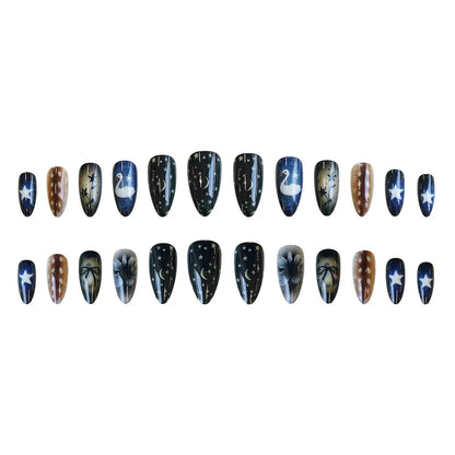 24pcs Gradient Black False Nails Yellow Star Moon Swan Pattern Press On Nails Sweet Cool Bowknots Flower Fake Nail Y2k Manicure