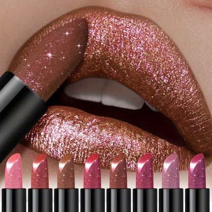 Metallic Shimmer Lipstick, Pearly Glitter Shine, Creamy Texture, High Color Payoff, Smooth Apply, Party Makeup