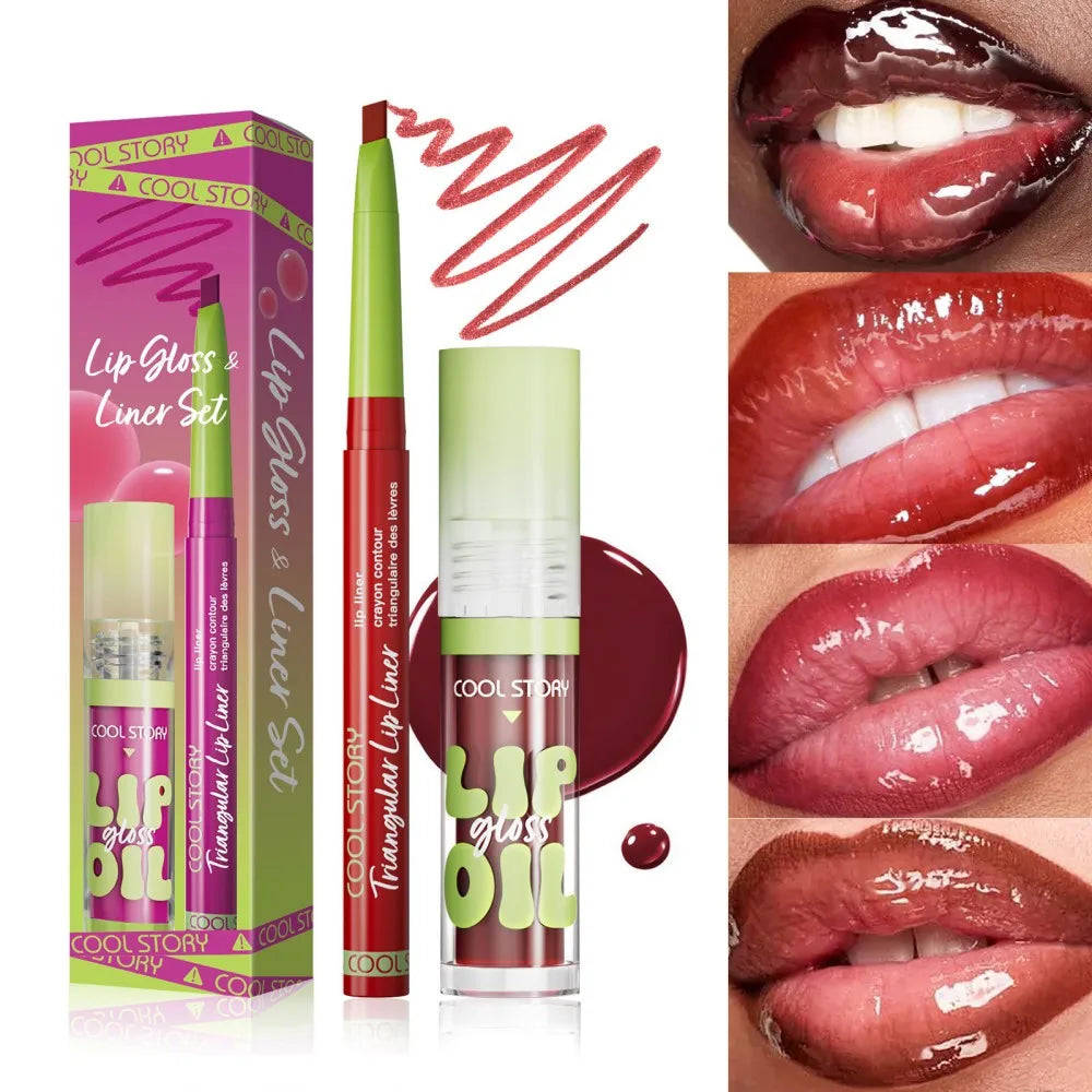3 Pcs Lip Liner and Gloss Set 2 in 1 Lipstick with Dual-Ended and Smooth Buildable Lip Gloss for Women Lip Combo Makeup