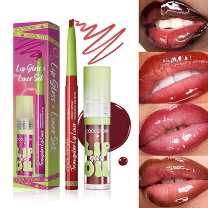 3 Pcs Lip Liner and Gloss Set 2 in 1 Lipstick with Dual-Ended and Smooth Buildable Lip Gloss for Women Lip Combo Makeup