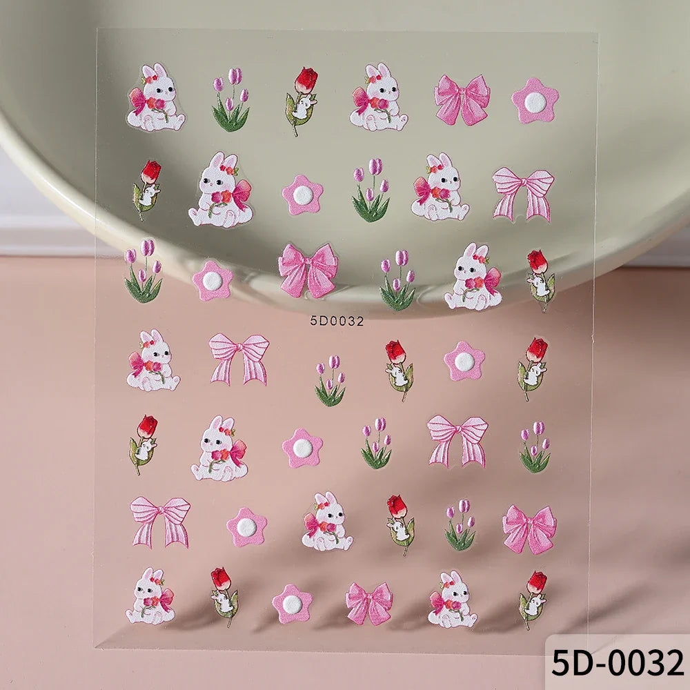 1Pcs 5D Lovely Panda Nail Stickers Cartoon Rabbit/Flower/Animal Self Adhesive Nail Art Decals Y2K Manicure Decorations Sliders *