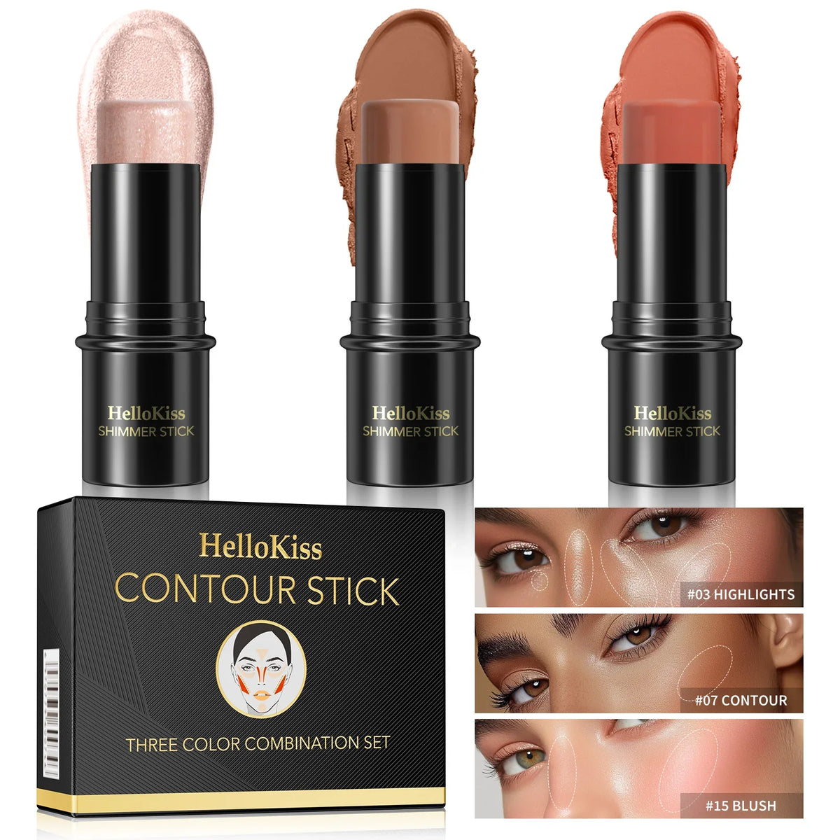 1 Set of 3 Contour Sticks, Highlighter Stick, Blush Stick, 3-Piece Cream Contour Set Including Contour Brush, Creates Facial Contours, Non-Greasy