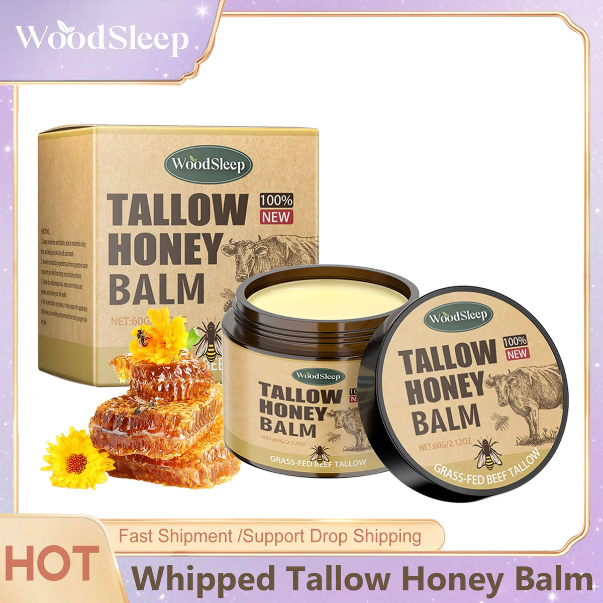 Whipped Beef Tallow and Honey Balm Skin Face Moisturizer Fast Absorption Grass Fed Grass Finished Organic Face Cream Body Lotion