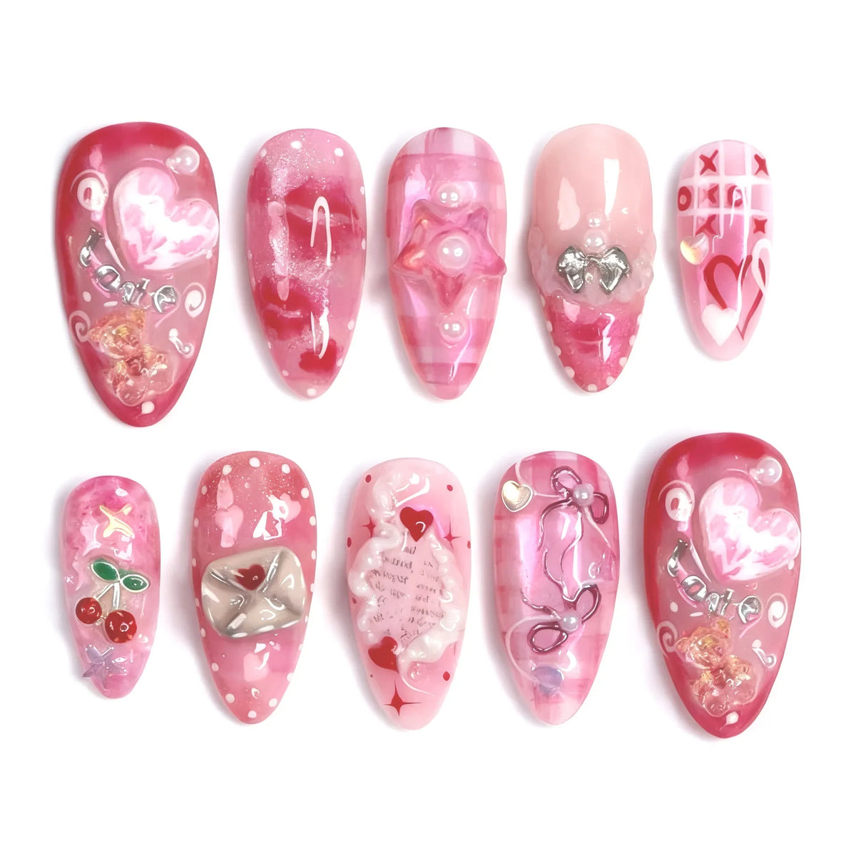 24PCS Wine Red Almond Press on Nails Cartoon Rabbit Bowknot with Plaid Pearl Designs French Fake Nails for Girls Detachable Nail