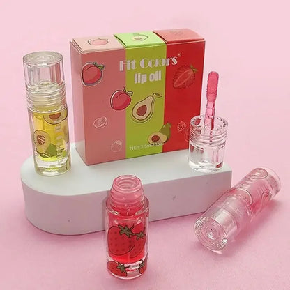 Hydrating Transparent Lip Gloss 3 Piece Set Fruit Scented Lip Oil with Avocado Strawberry and Peach for Soft Smooth Lips