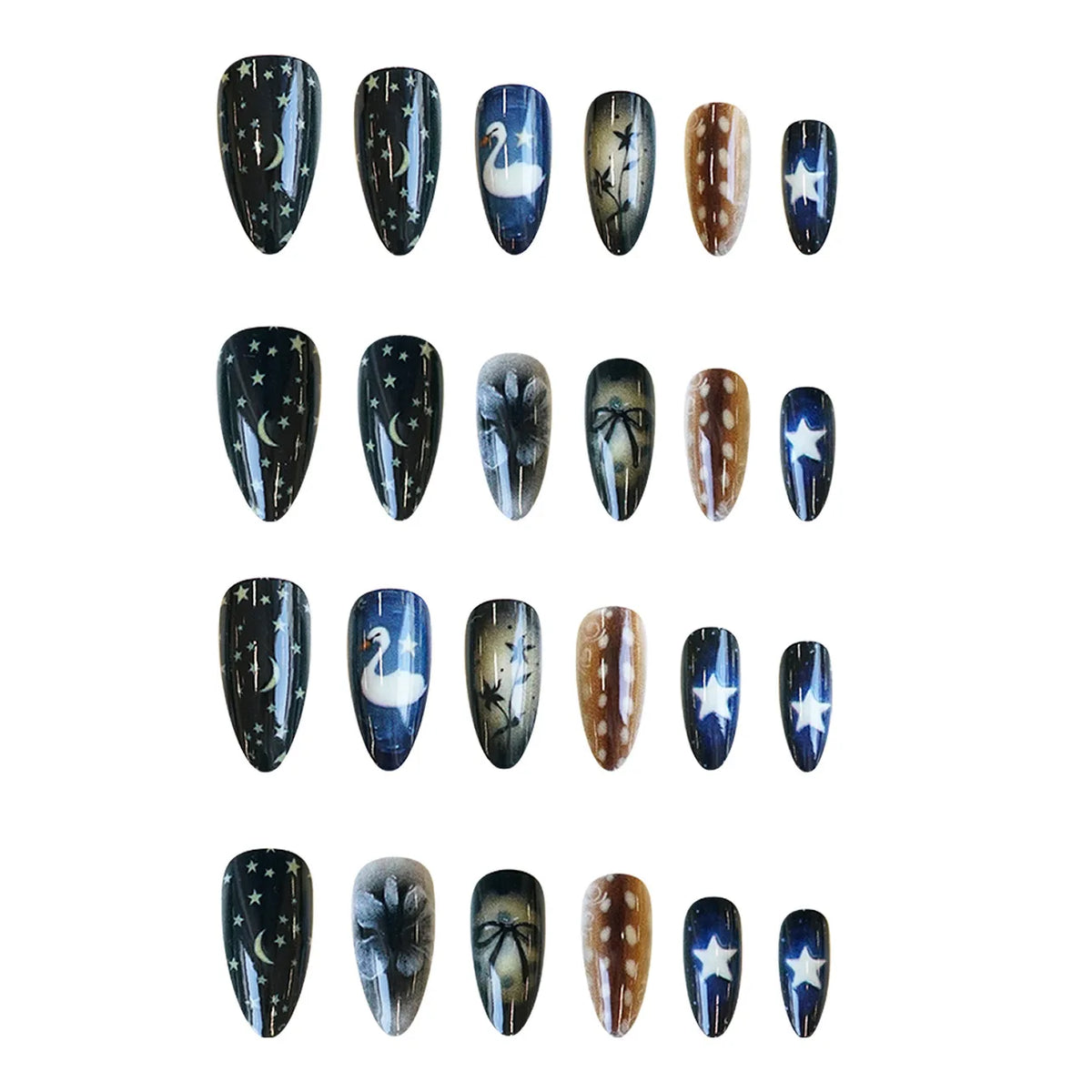 24pcs Gradient Black False Nails Yellow Star Moon Swan Pattern Press On Nails Sweet Cool Bowknots Flower Fake Nail Y2k Manicure