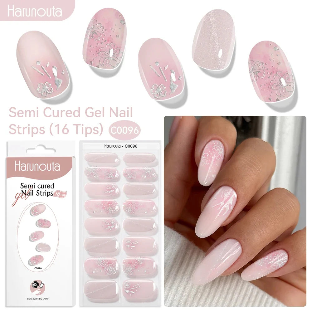 Harunouta 16strips Gradient Red Marble Gold Line Semi Cured Gel Nail Strips DIY Gel Polish Stickers for Nails Work with UV/LED