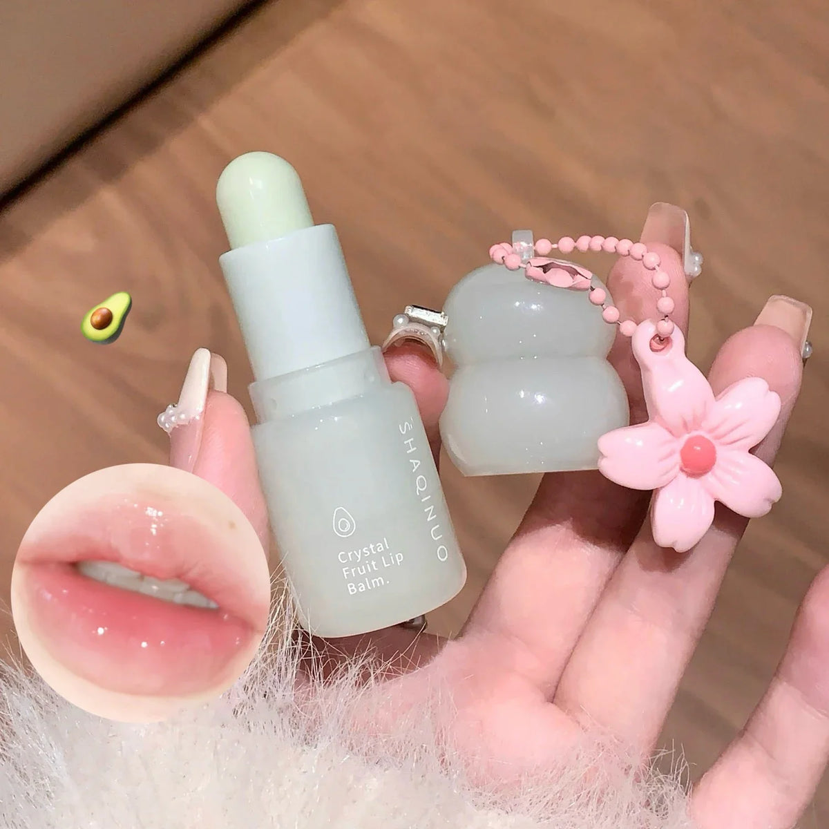 Crystal Strawberry Lip Balm Moisturizing Hydrating Lips Mask Stick Reduce Lip Lines Key Chain for Lip Care Change Color Lipstick