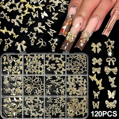 120pcs/box 3D Gold Bow Butterfly Nail Metal Charms Shiny Cute Bowtie/Diamond Star Nail Jewelry 120 Luxury Nail Art Supplies #RE4