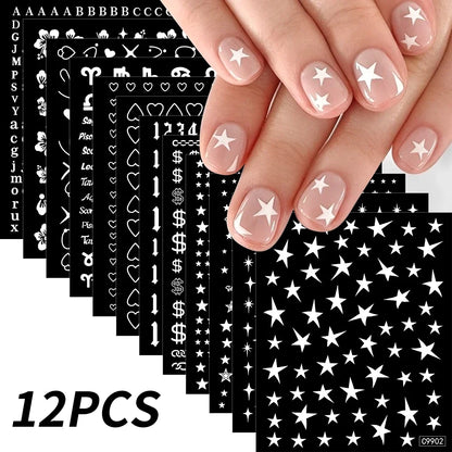 12pcs Bronzing Laser Star Nail Stickers 3D Alphabet/Heart/Flower Nail Art Self-Adhesive Sliders DIY Gradient Manicure Y2K Decals