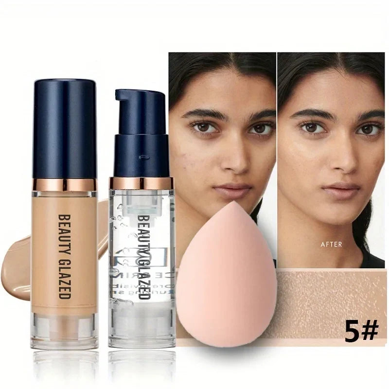 BEAUTY GLAZED 3Pcs Face Makeup Set,Matte Long lasting Waterproof Liquid Foundation+Primer+Puff
