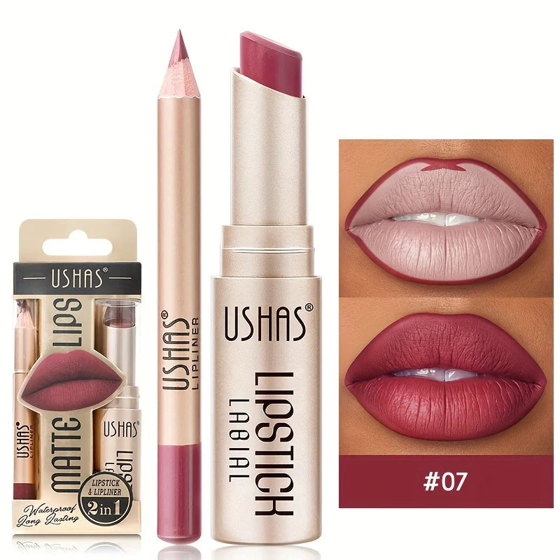 USHAS 12 Color Matte Lipstick Set Long-lasting Waterproof Lipstick + Lip Liner Set Easy Coloring Non-Stick Cup Lip Makeup Suit