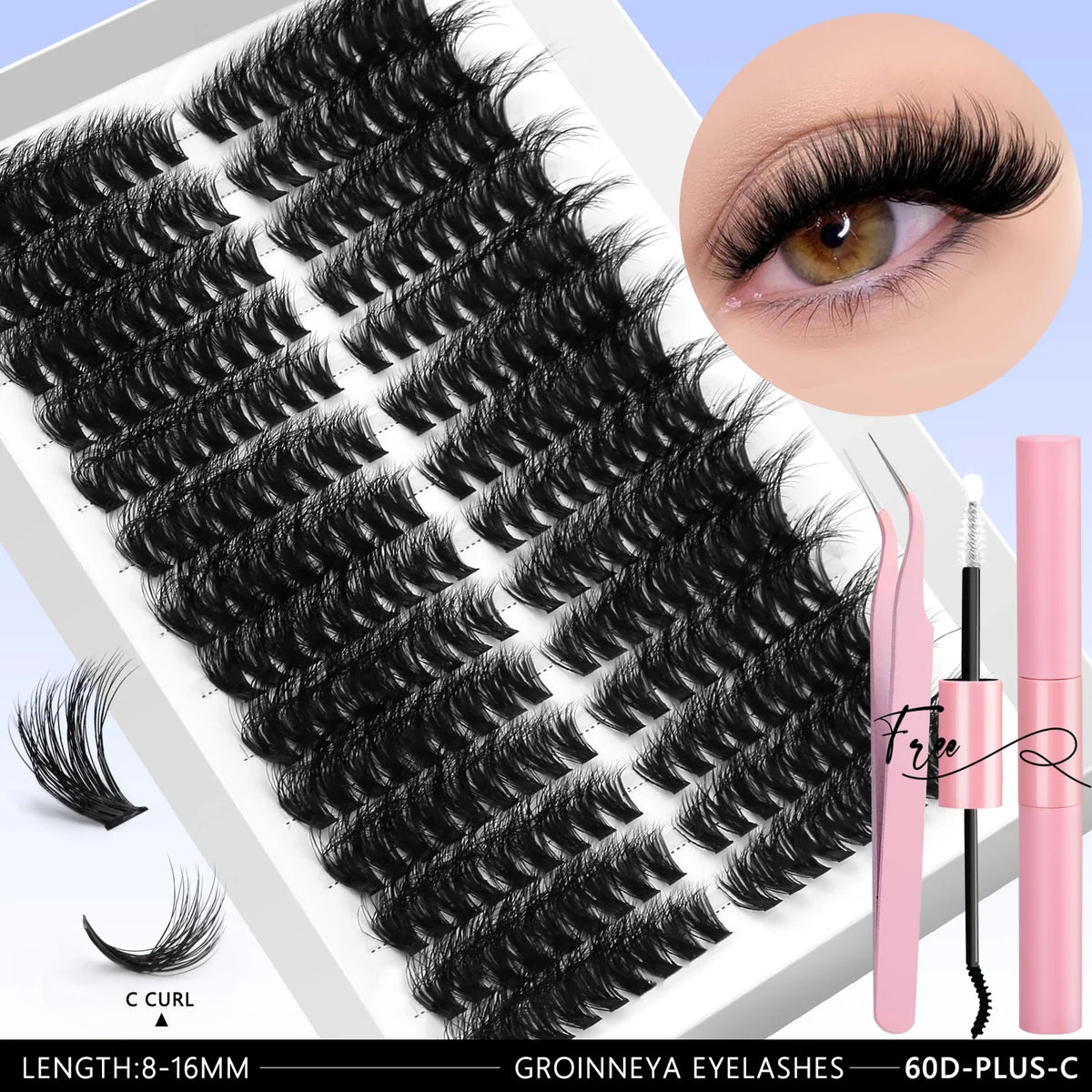 GROINNEYA DIY Eyelash Extension Kit Lashes Clusters Set Mix Eyelashes Full Set With Lash Bond&Seal and Eyelash Tweezers Makeup