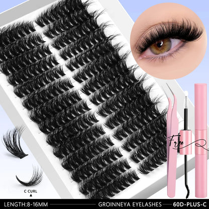 GROINNEYA DIY Eyelash Extension Kit Lashes Clusters Set Mix Eyelashes Full Set With Lash Bond&Seal and Eyelash Tweezers Makeup