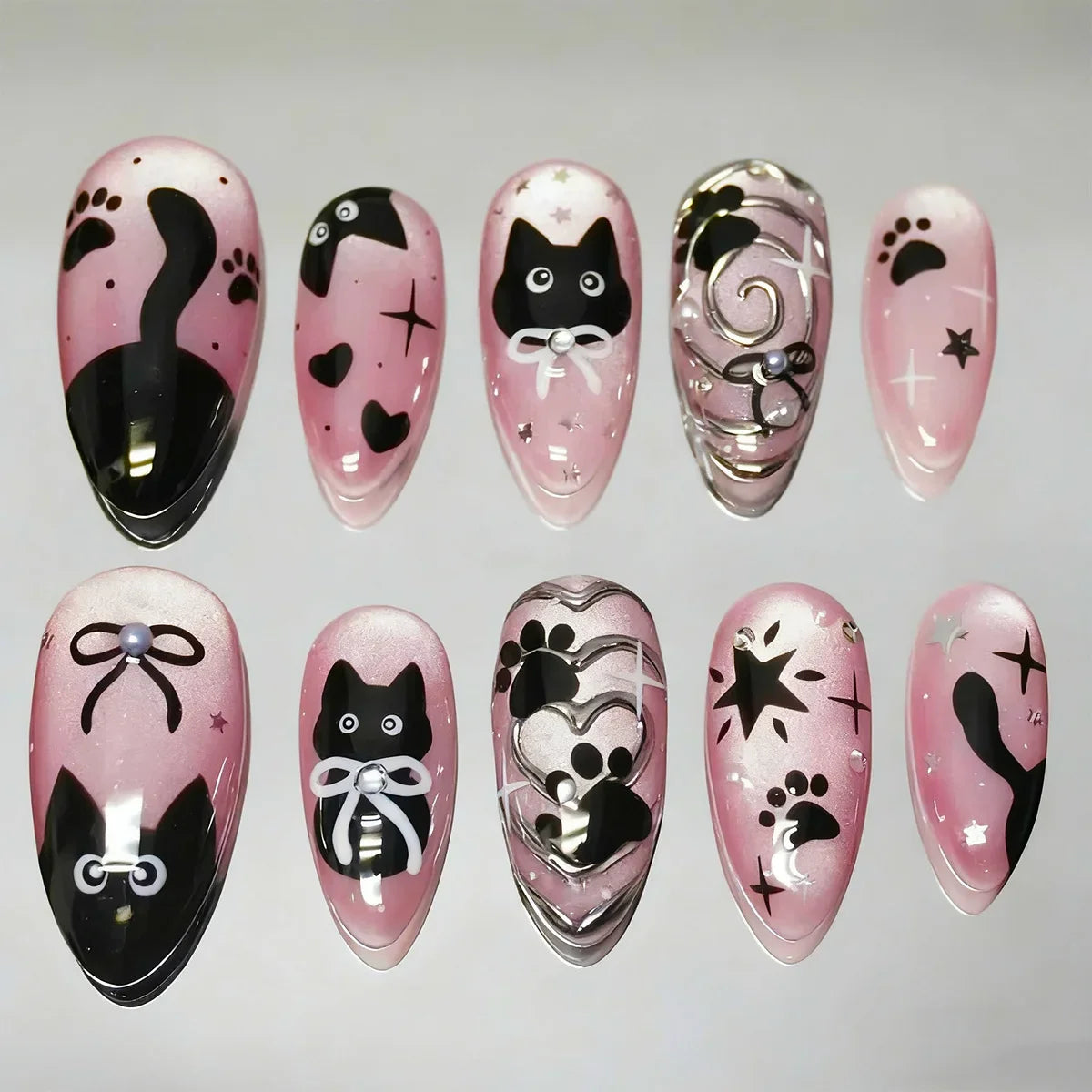 24PCS Wine Red Almond Press on Nails Cartoon Rabbit Bowknot with Plaid Pearl Designs French Fake Nails for Girls Detachable Nail