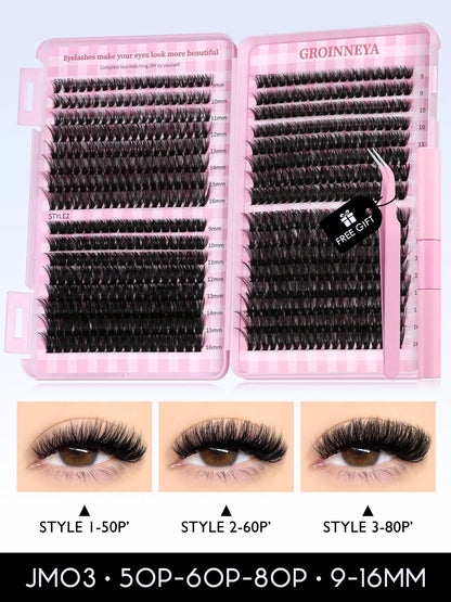 GROINNEYA Lash Clusters Kit Cat Lashes 640 Pcs with Lash Bond & Seal Cluster Eyelash Extensions Eyelash Clusters Kit DIY at Home