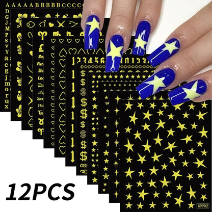 12pcs Bronzing Laser Star Nail Stickers 3D Alphabet/Heart/Flower Nail Art Self-Adhesive Sliders DIY Gradient Manicure Y2K Decals