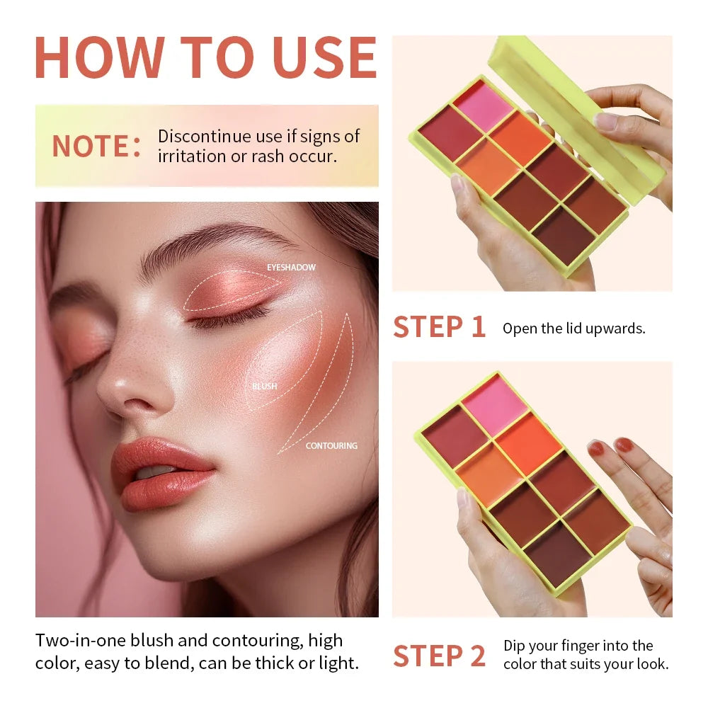 8-Color Blusher Cream Plate Highlighter Palette Face Blush Cosmetics Long Lasting Waterproof Concealer Natural Look Matte Makeup