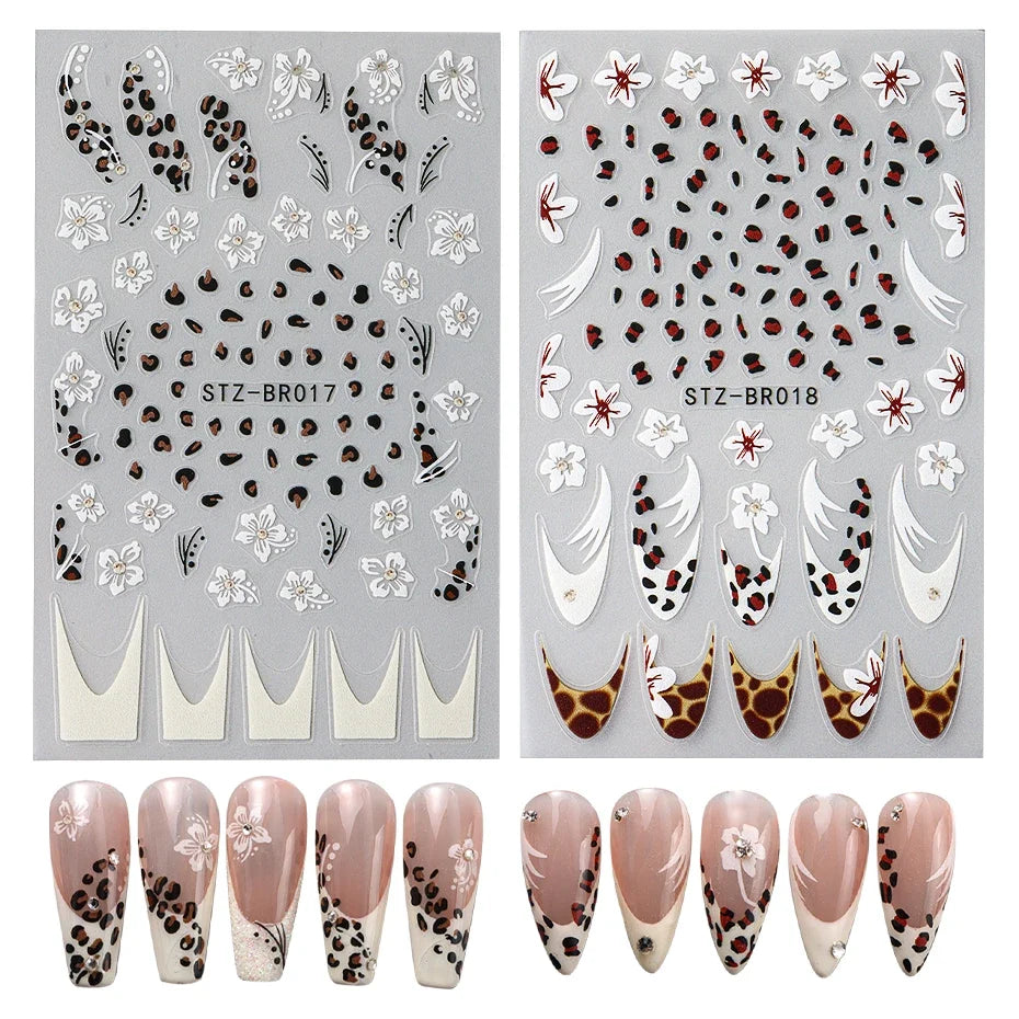 Cheetah French Nails Stickers Flowers Leopard Self-Adhesive Decals Holographic Slider Manicure Art Supplies And Decorations