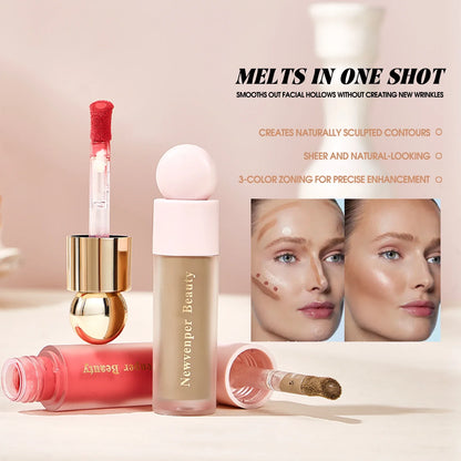 Liquid Highlighter+Blush+Contour Stick Set for Face & Body Silky Natural Glow Liquid Luminizer Matte Pink Shadow Face Makeup