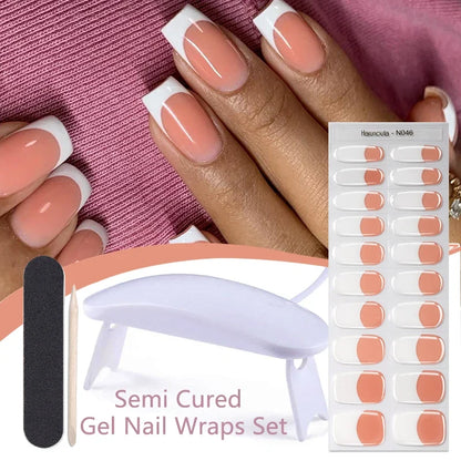 Harunouta 4pcs/set Gradient Jelly Semi Cured Gel Nail Strips with Nail Lamp Nude Pink Waterproof Nail Stickers Long Lasting Wrap
