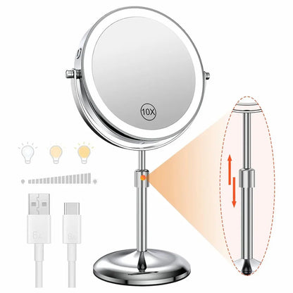8 Inch Makeup Mirror With Light Lamp 10X Magnification 3 Color Lights,Adjustable Brightness Height Standing Cosmetic Mirror