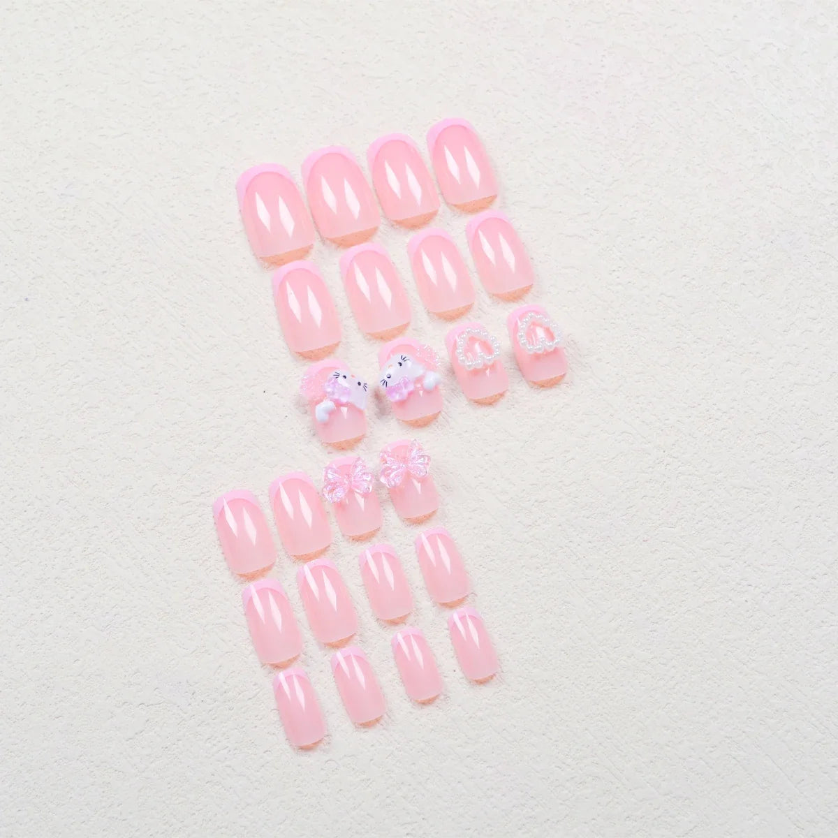24 Medium Square Nail Pink French Cute Cartoon Cat White Love Camellia Nail Patch Jelly Powder Bow Wear Nail Set