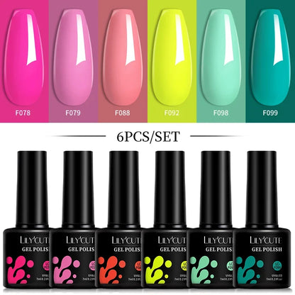 LILYCUTE 6Pcs/Set 7ML Gel DIY Nail Polish Bright Pink Semi Permanent Soak Off UV LED Gel Varnish Nail Art Design Manicure Kit