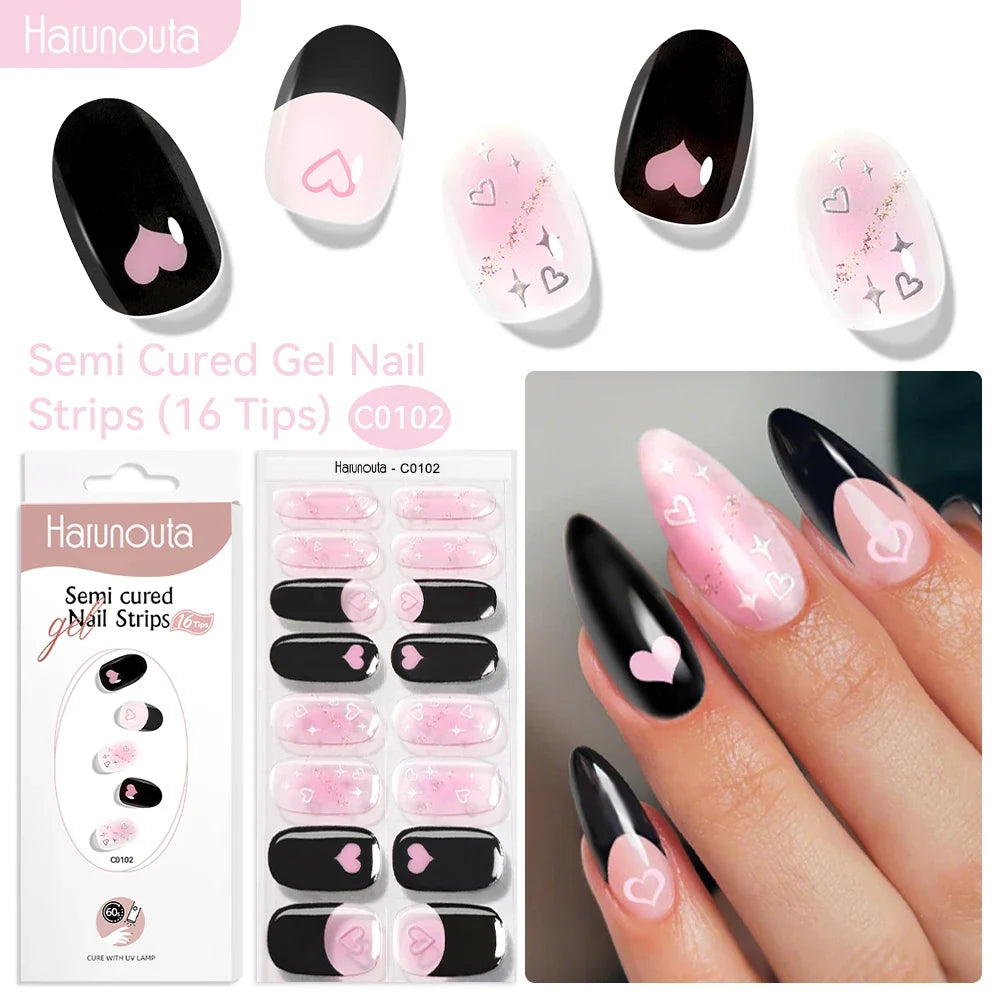 Harunouta 16strips Gradient Red Marble Gold Line Semi Cured Gel Nail Strips DIY Gel Polish Stickers for Nails Work with UV/LED