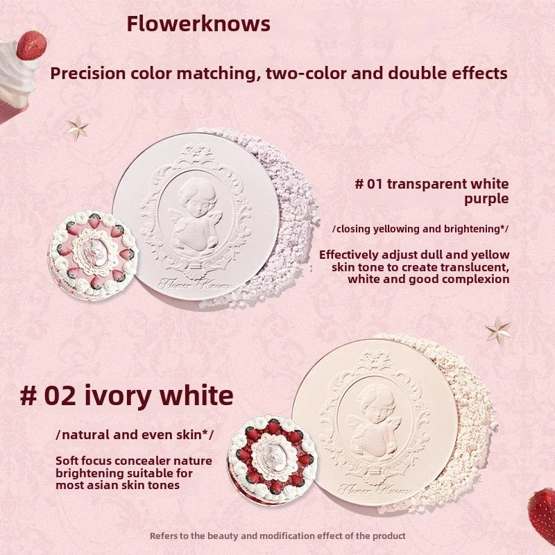 Flower Knows Strawberry Cupid Collection Pressed Powder Mineral Makeup Powder Foundation With Concealer & Finishing Vegan
