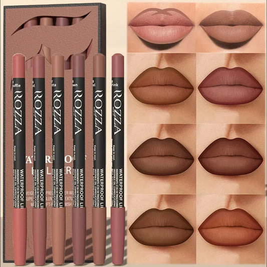6pcs/Set Rozza Velvet Matte Lip Liner,Long-Lasting Waterproof Finish,Non-Fading,Brown,Pink,Purple Shades,Perfect for All Skins