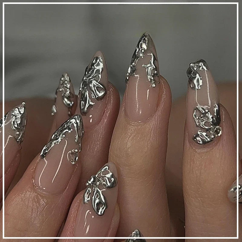 24Pcs Metallic Cat Eye French Sheer Manicure Tip Art Textured 3D Acrylic False Nails Nude Pink Almond Medium Press on Fake Nails