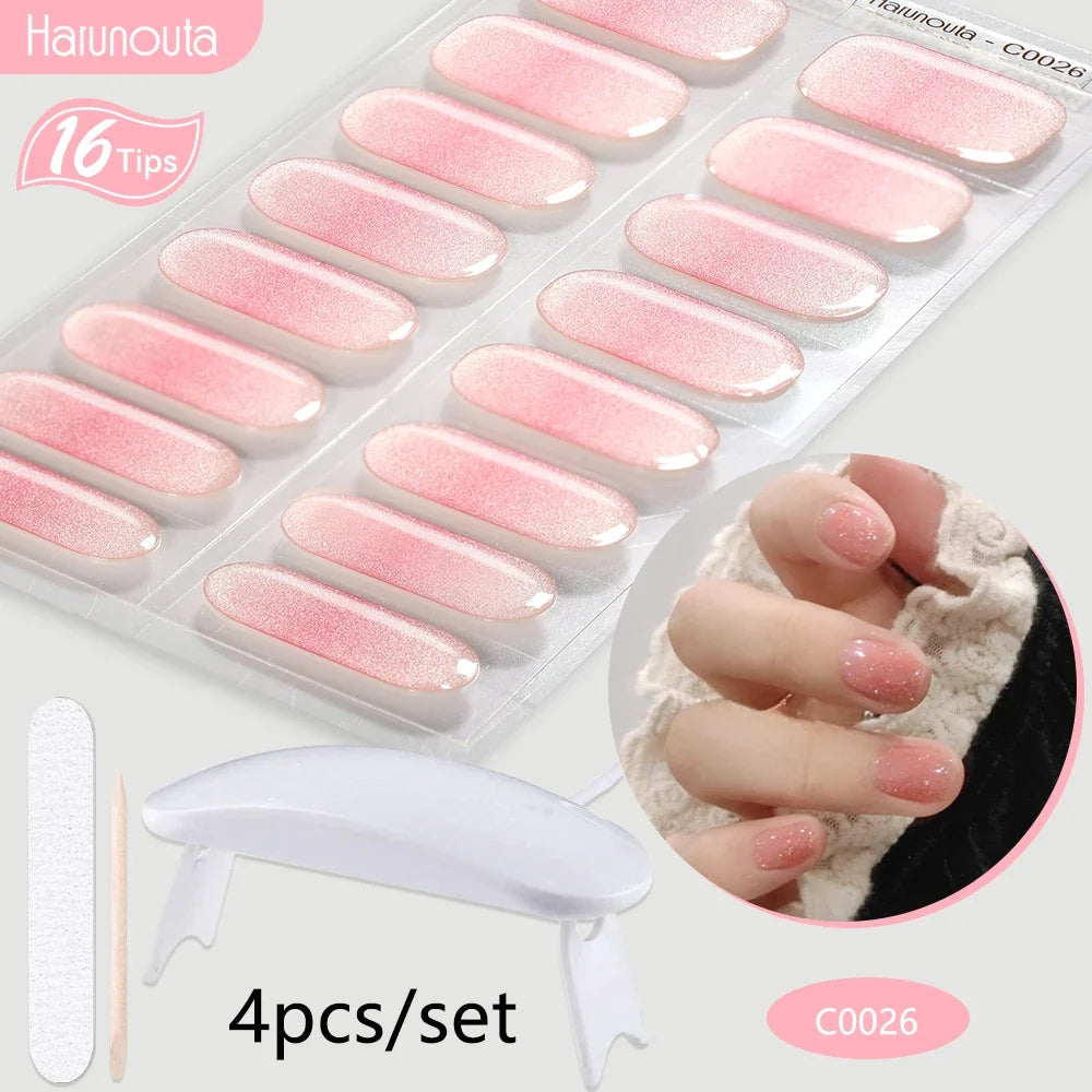 Harunouta 4pcs/set Gradient Jelly Semi Cured Gel Nail Strips with Nail Lamp Nude Pink Waterproof Nail Stickers Long Lasting Wrap