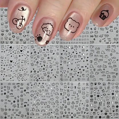12sheet Cartoon Black Cat Nail Stickers Set Multiple Action Kawaii Puppy Kitten Nail Art Decals Adhesive Kids Manicure Decoratio