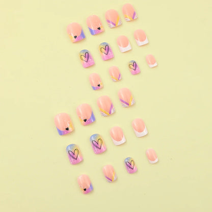 24 pieces of short square fake nails, featuring a halo dyed gradient heart and a colorful French design in European and American