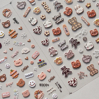 1pcs 5D Japanese Kawaii Bear Nail Art Stickers Brown Cartoon Animals Self-Adhesive Nail Decoration Decals DIY Slider Accessories