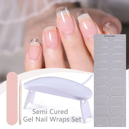 Harunouta 4pcs/set Gradient Jelly Semi Cured Gel Nail Strips with Nail Lamp Nude Pink Waterproof Nail Stickers Long Lasting Wrap