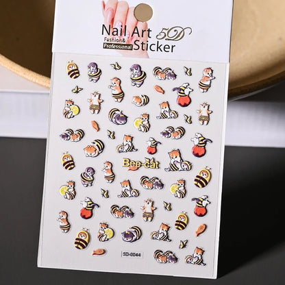 Lovely Cat Nail Decals 3D Animal Cartoon Dog Scrawl Relief Self Adhesive Nail Art Stickers Cute Puppy Kitty Y2K Nails Decoration