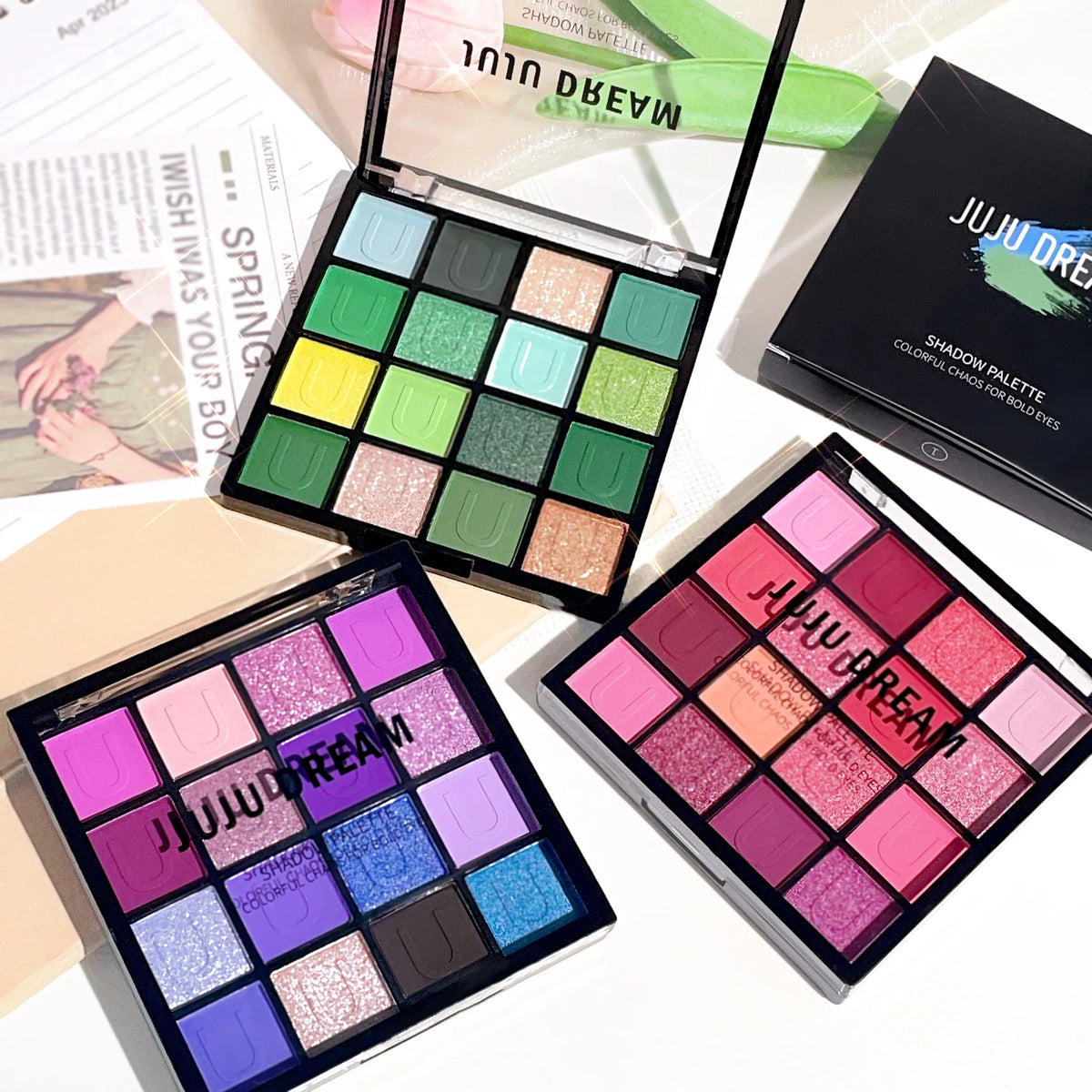 16 grid red eyeshadow tray Purple, glitter pearl matte eyeshadow, Shimmer makeup lasting women, Korean eye cosmetics