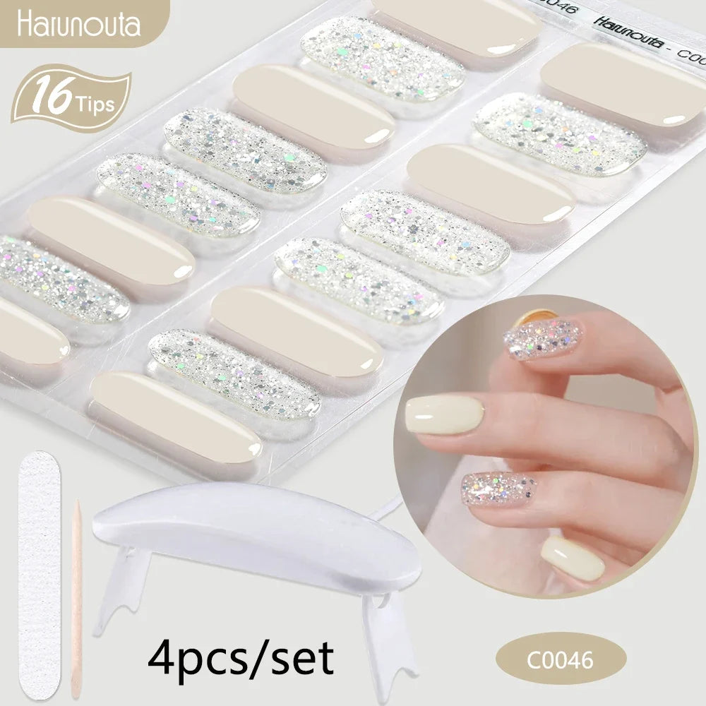 Harunouta 4pcs/set Gradient Jelly Semi Cured Gel Nail Strips with Nail Lamp Nude Pink Waterproof Nail Stickers Long Lasting Wrap