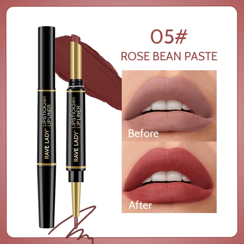 Rave Lady 2 IN 1 Matte Lipstick Lipliner Pencil 6 Color Christmas Gift Waterproof Lipstick Sexy Red Long Lasting Lipliner Makeup