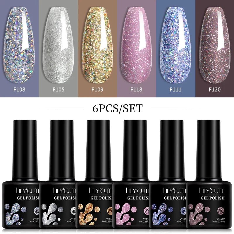 LILYCUTE 6Pcs/Set 7ML Gel DIY Nail Polish Bright Pink Semi Permanent Soak Off UV LED Gel Varnish Nail Art Design Manicure Kit