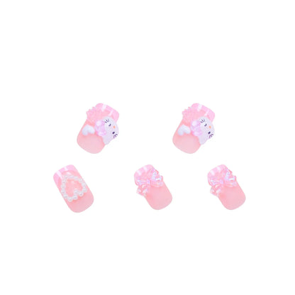 24 Medium Square Nail Pink French Cute Cartoon Cat White Love Camellia Nail Patch Jelly Powder Bow Wear Nail Set